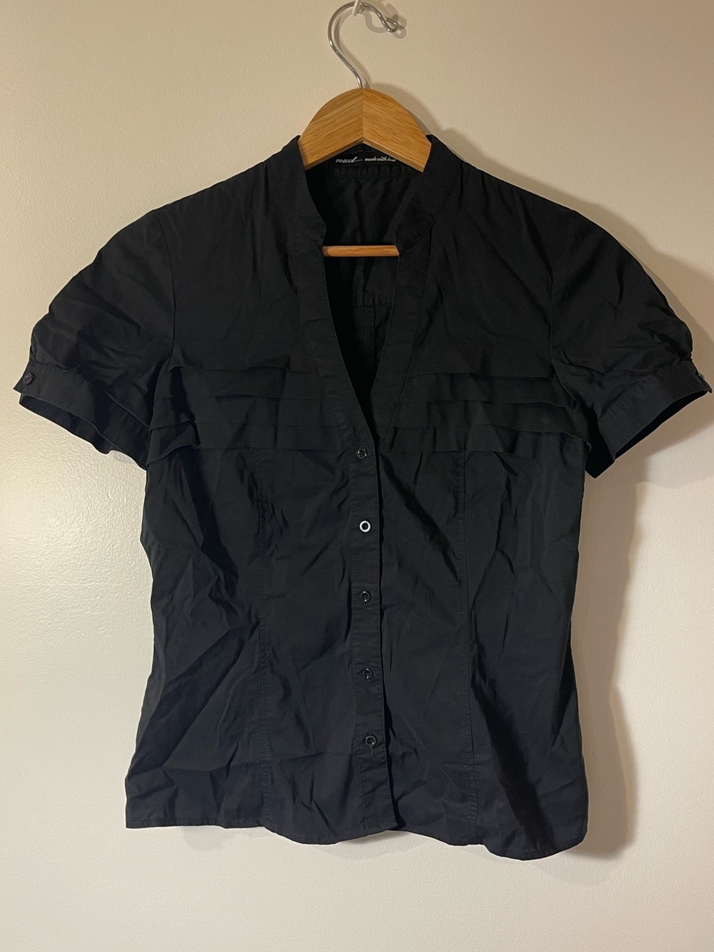 Next Black Ruffle Chest Short Sleeve Button Up Blouse Top M